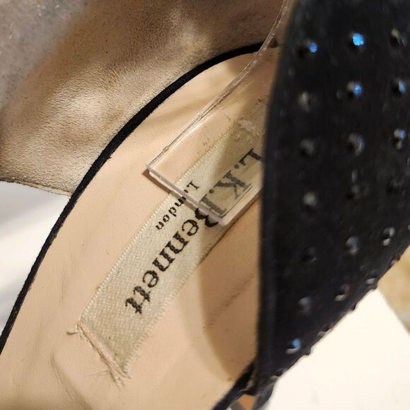 L.K. Bennett "Alondra" Black Suede Crystal Studded Heels Sz.7.5/38.5 Ret.$495 - Picture 4 of 11